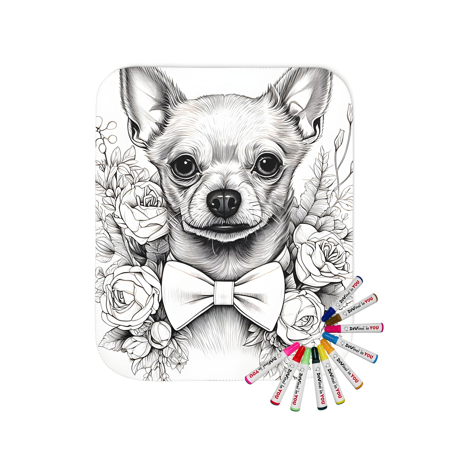 Colorful blanket featuring a cute Chihuahua illustration with bow tie and roses, perfect for dog lovers