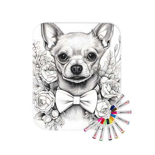 Colorful blanket featuring a cute Chihuahua illustration with bow tie and roses, perfect for dog lovers