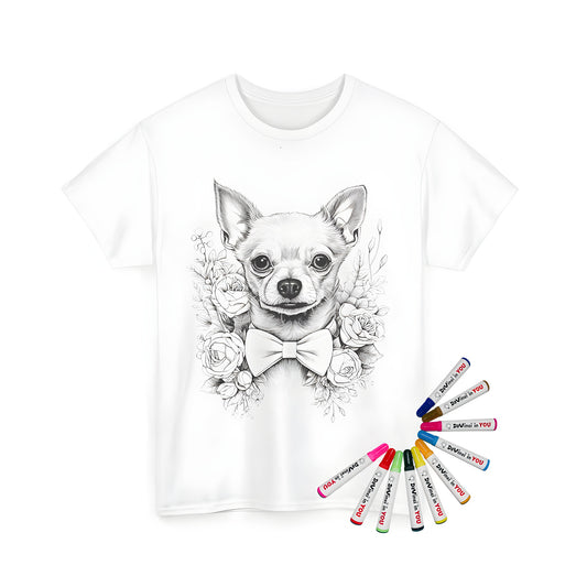 Unisex T-shirt featuring a detailed, black-and-white drawing of a Chihuahua or Mexican Hairless Dog wearing a bow tie, surrounded by elegant roses, with accompanying fabric markers for coloring