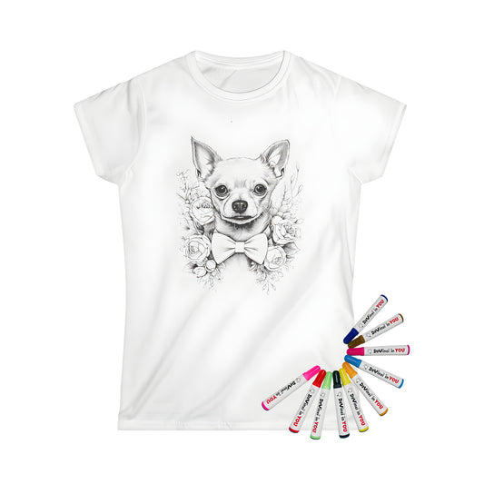 Women's t-shirt featuring a colorful depiction of a chihuahua breed dog wearing a bow tie surrounded by elegant roses