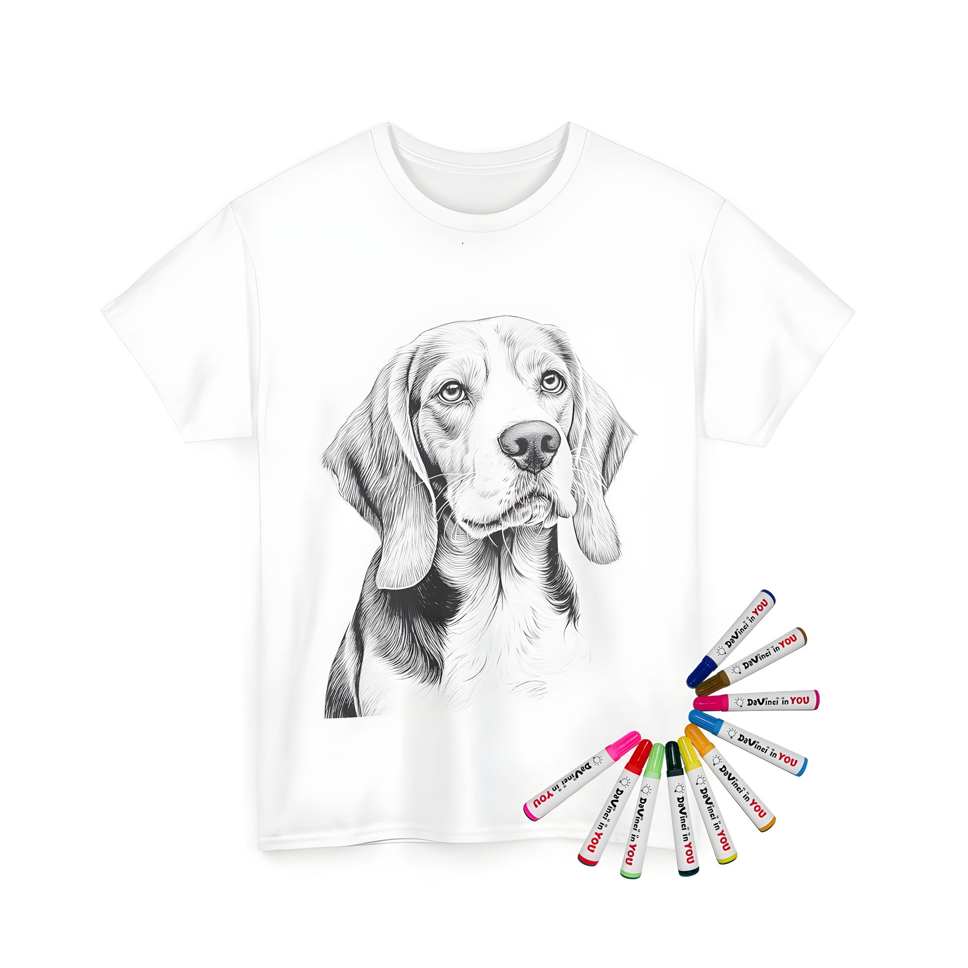 Unisex t-shirt featuring a detailed illustration of a beagle dog with expressive eyes and floppy ears, perfect for canine lovers and fans of classic hunting breeds like the German pointer, hound, or foxhound.