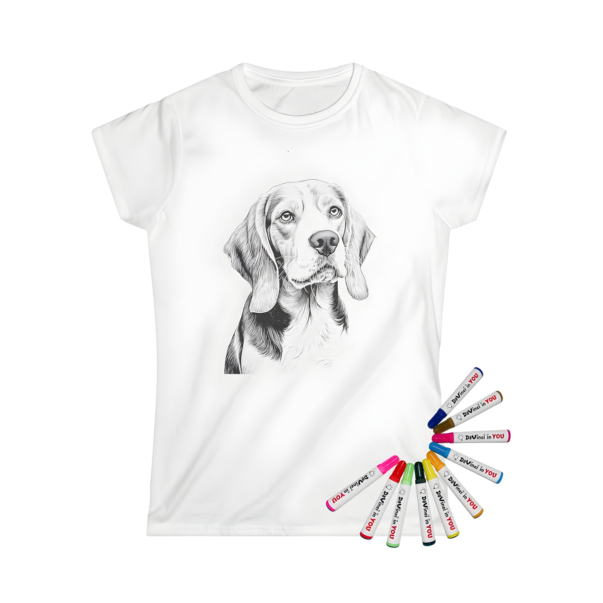 Women's t-shirt with a hound dog illustration of a beagle breed featuring expressive eyes and floppy ears