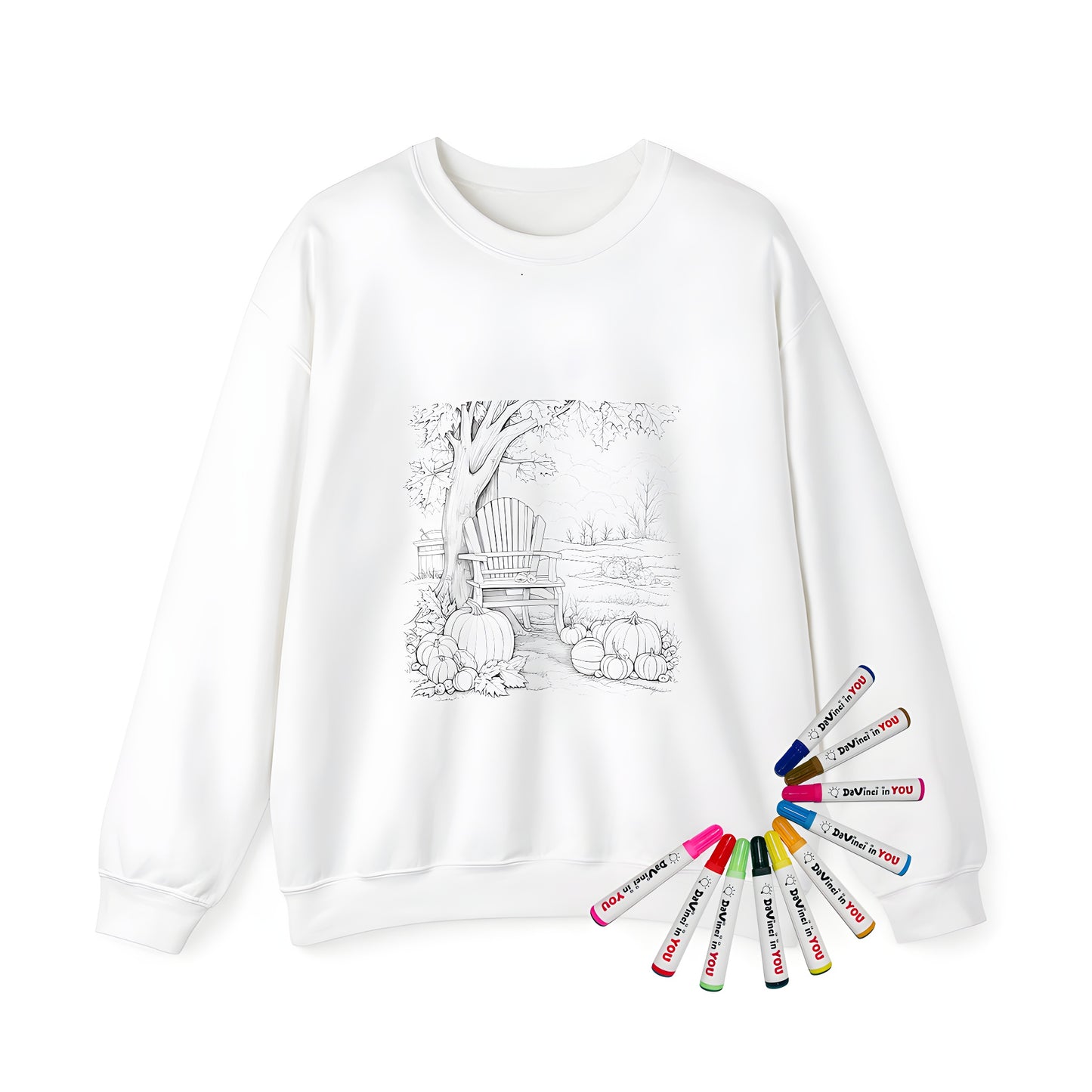 Adult sweatshirt with fall theme featuring a tree, wooden chair, and gourds