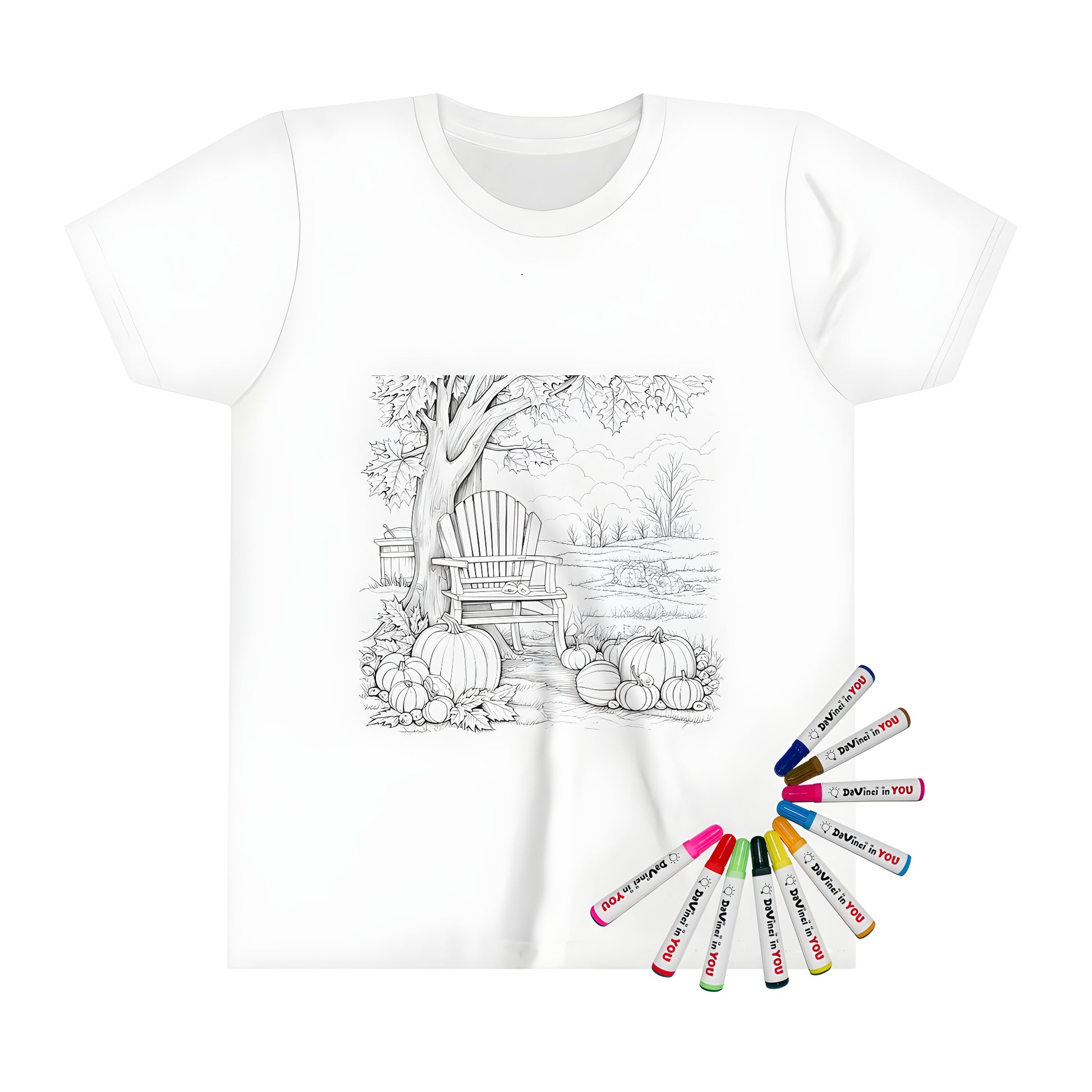 Autumn themed coloring page design on kid's t-shirt featuring tree, wooden chair and gourds