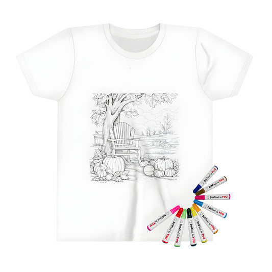 Autumn themed coloring page design on kid's t-shirt featuring tree, wooden chair and gourds