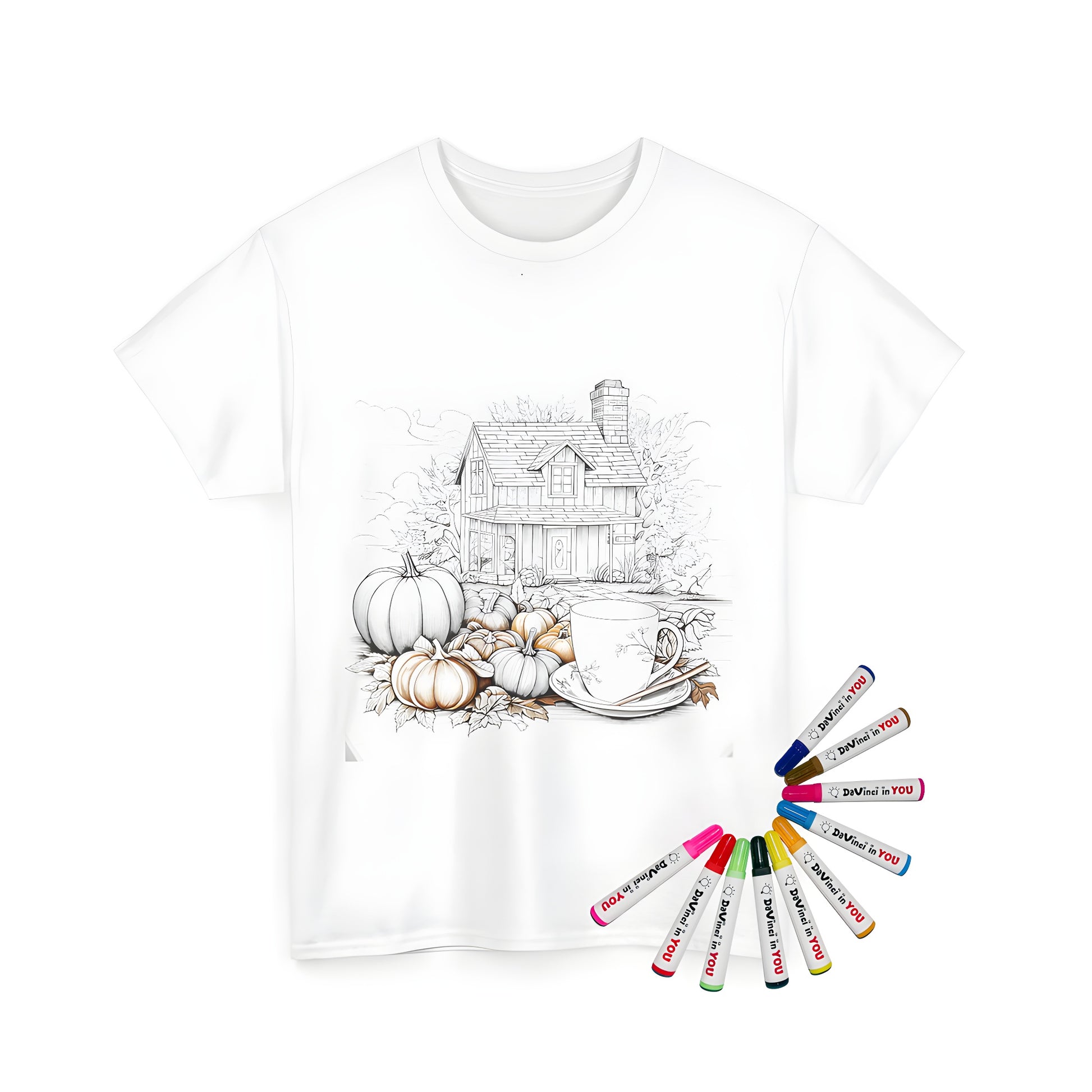 Cozy home coloring page on unisex t-shirt surrounded by pumpkins and autumn leaves