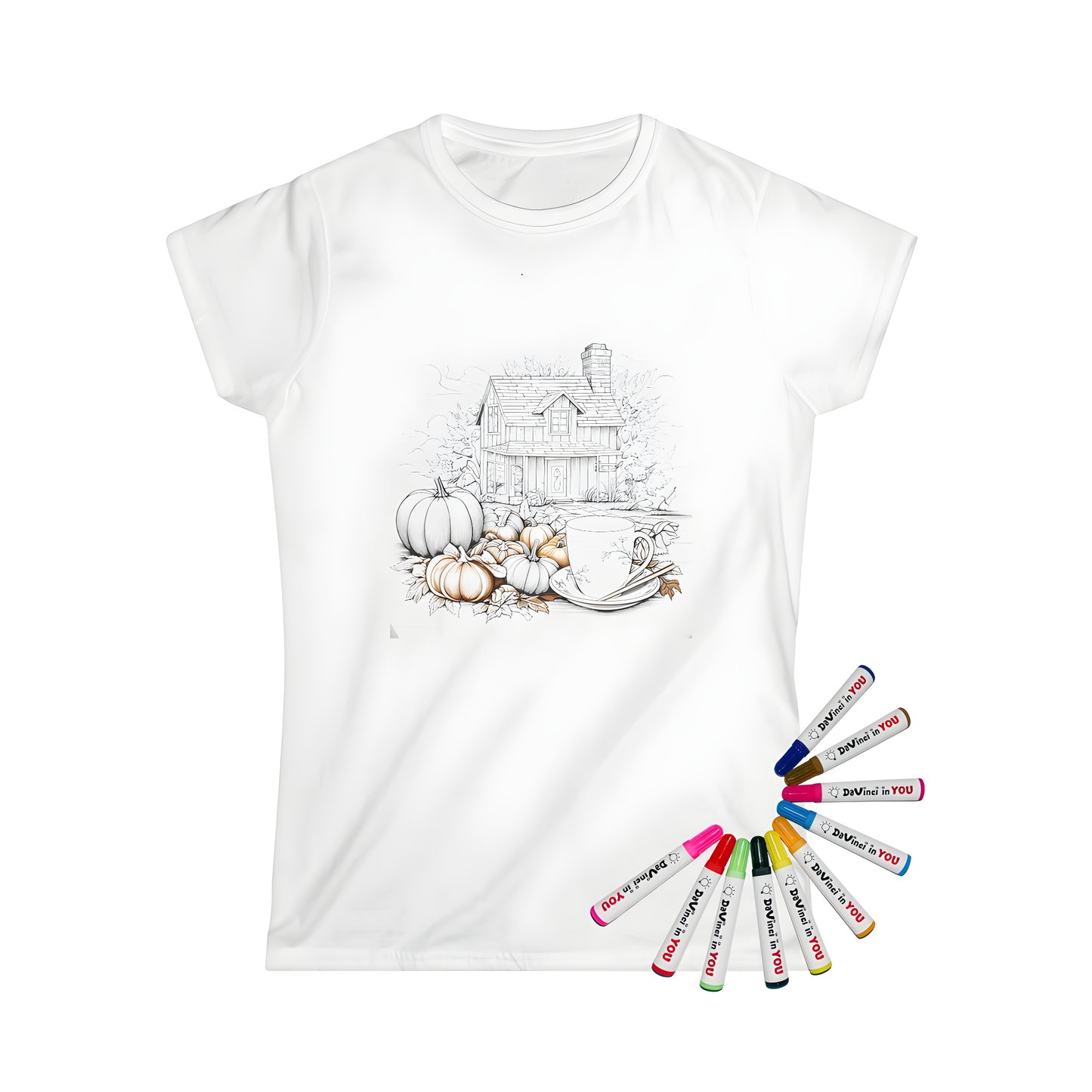 Cozy harvest home t-shirt with autumn leaves and pumpkins, surrounded by fall foliage