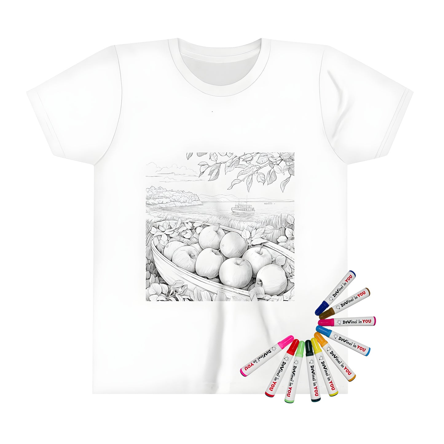 Coloring kit shirt for kids featuring an illustration of apples near river, water scene, boat with trees