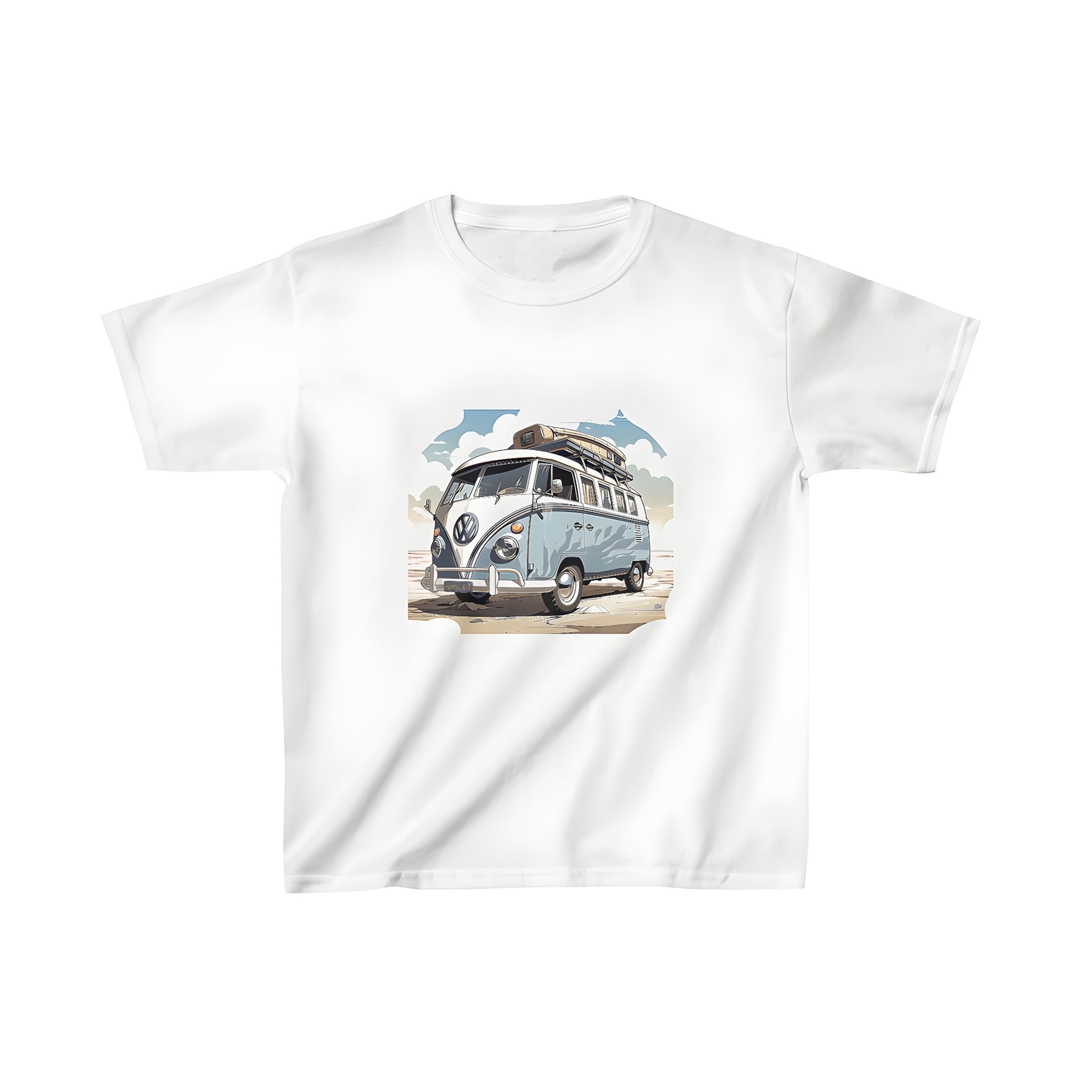 Retro camper van kids t-shirt featuring a fun beach scene and luggage on roof