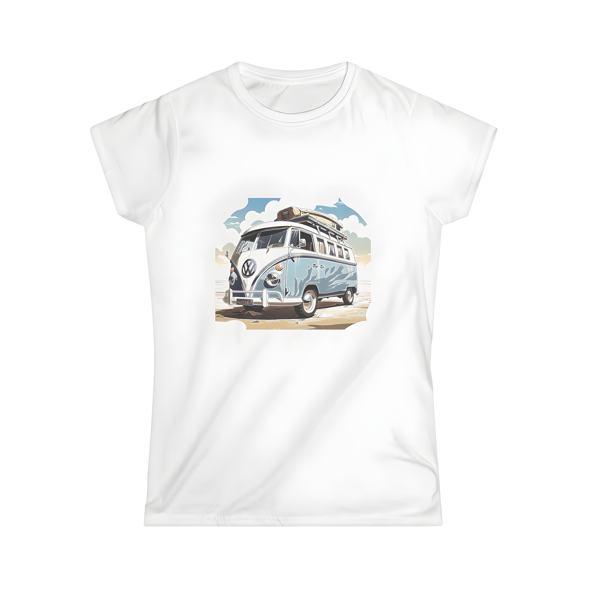 Colorful retro camper van and luggage on a women's t-shirt, perfect for summer road trips