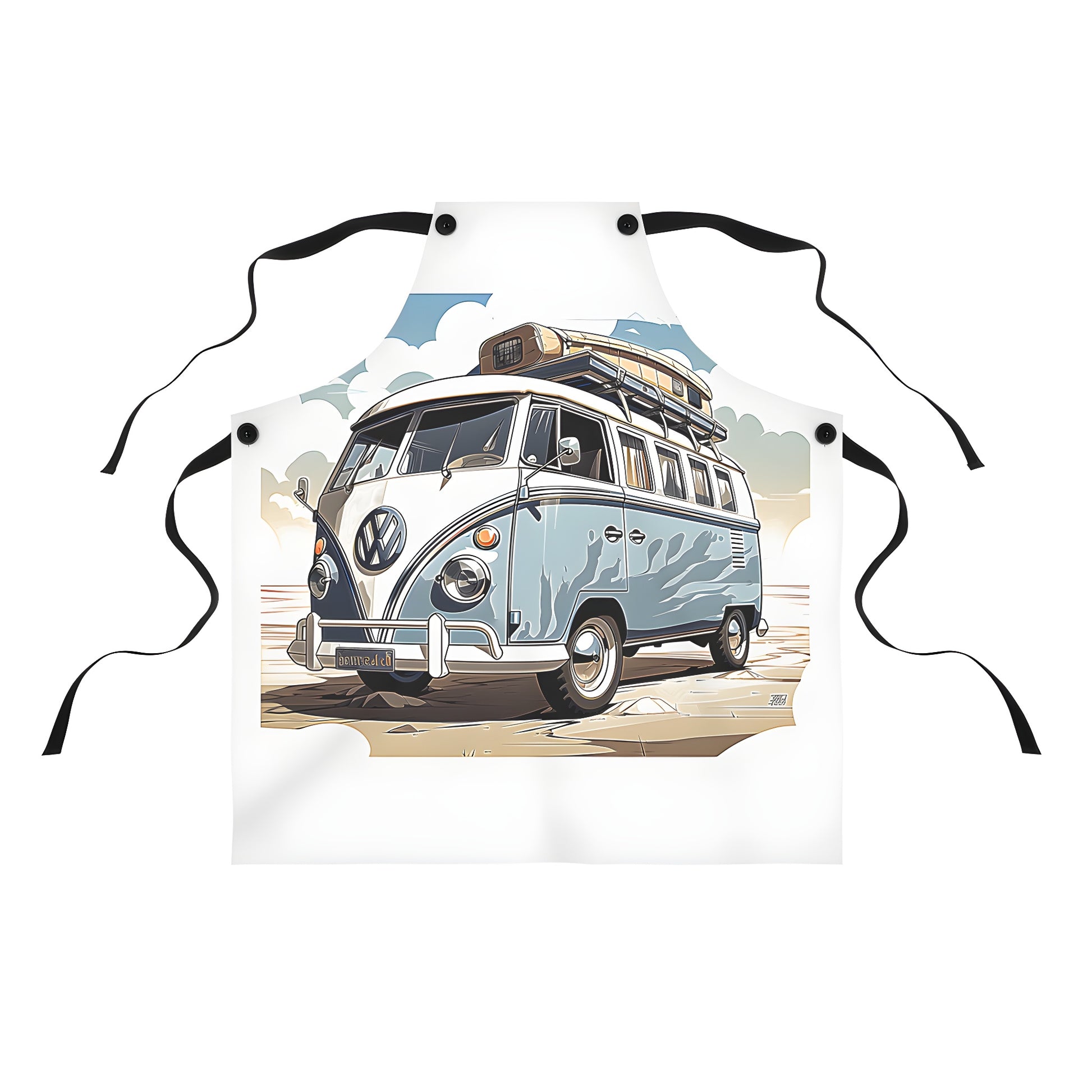 Vintage camper van apron with colorful beach scene and luggage on roof