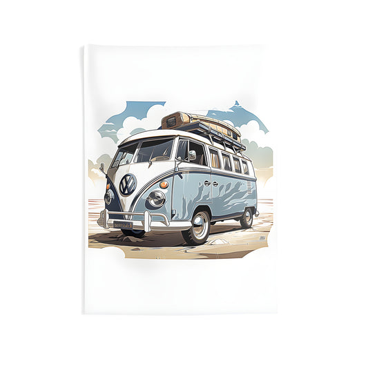 Colorful indoor wall tapestry featuring a retro bus/van/truck design with luggage on the roof, set against a sunny beach background. Perfect for a road trip adventure themed decor.