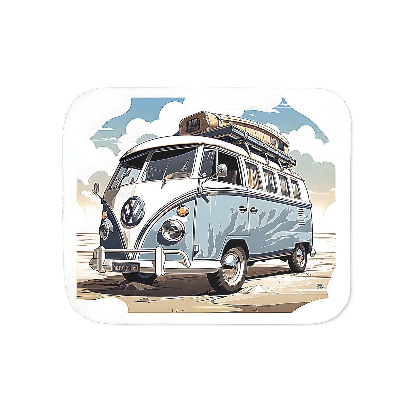 Cozy Blanket featuring a colorful retro camper design with suitcases on top and set against a sunny beach background