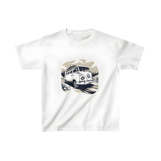 Colorful graphic t-shirt for kids featuring an illustration of a vintage camper van cruising through mountains