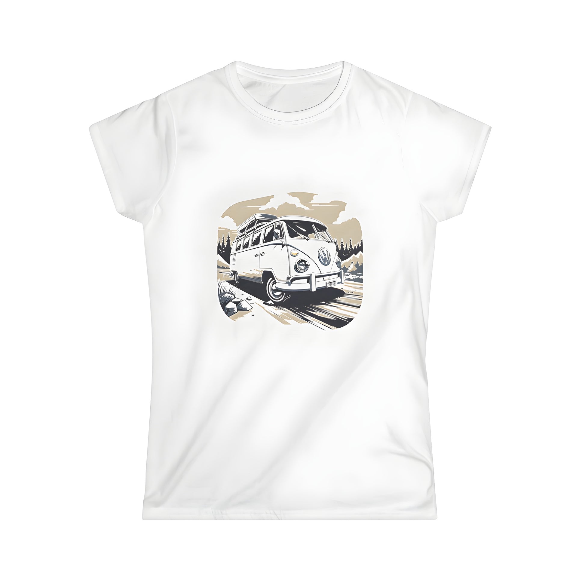 Colorful women's t-shirt featuring a retro camper van illustration with scenic mountains and trees under a partly cloudy sky