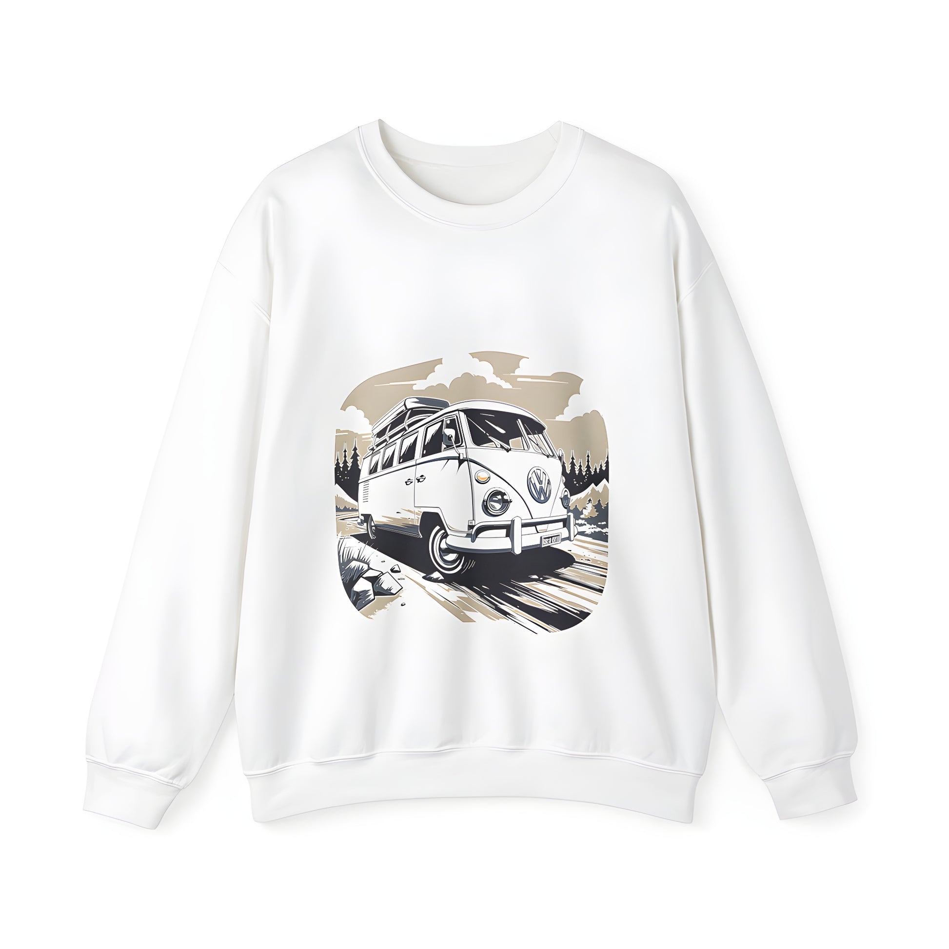 Adult sweatshirt featuring a colorful vintage camper van design cruising through mountains