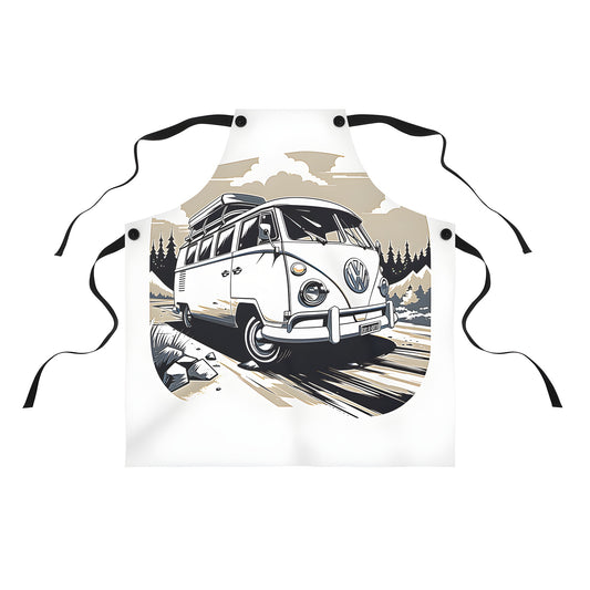 Vintage camper van inspired apron for sale, features colorful scenic mountainous area design