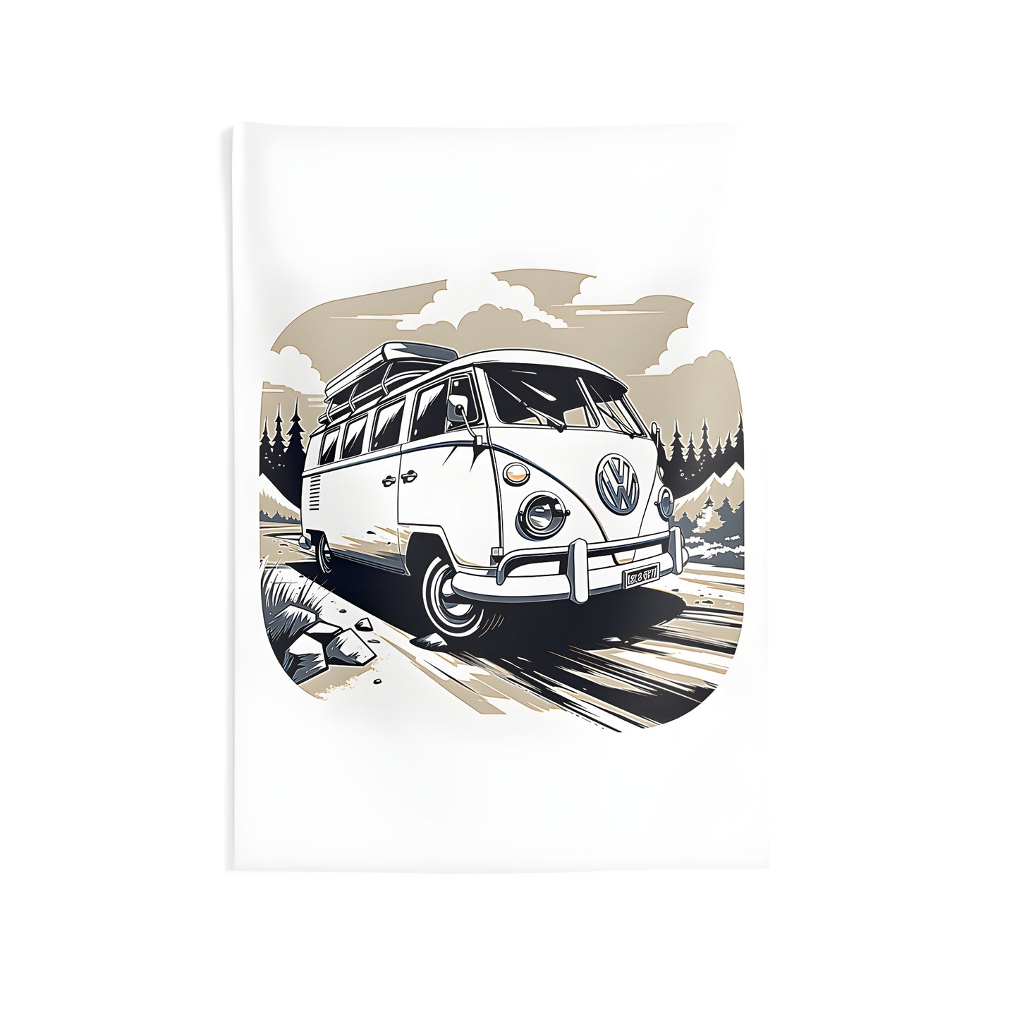 Colorful wall tapestry featuring an old camper van driving through mountains with trees under a partly cloudy sky.