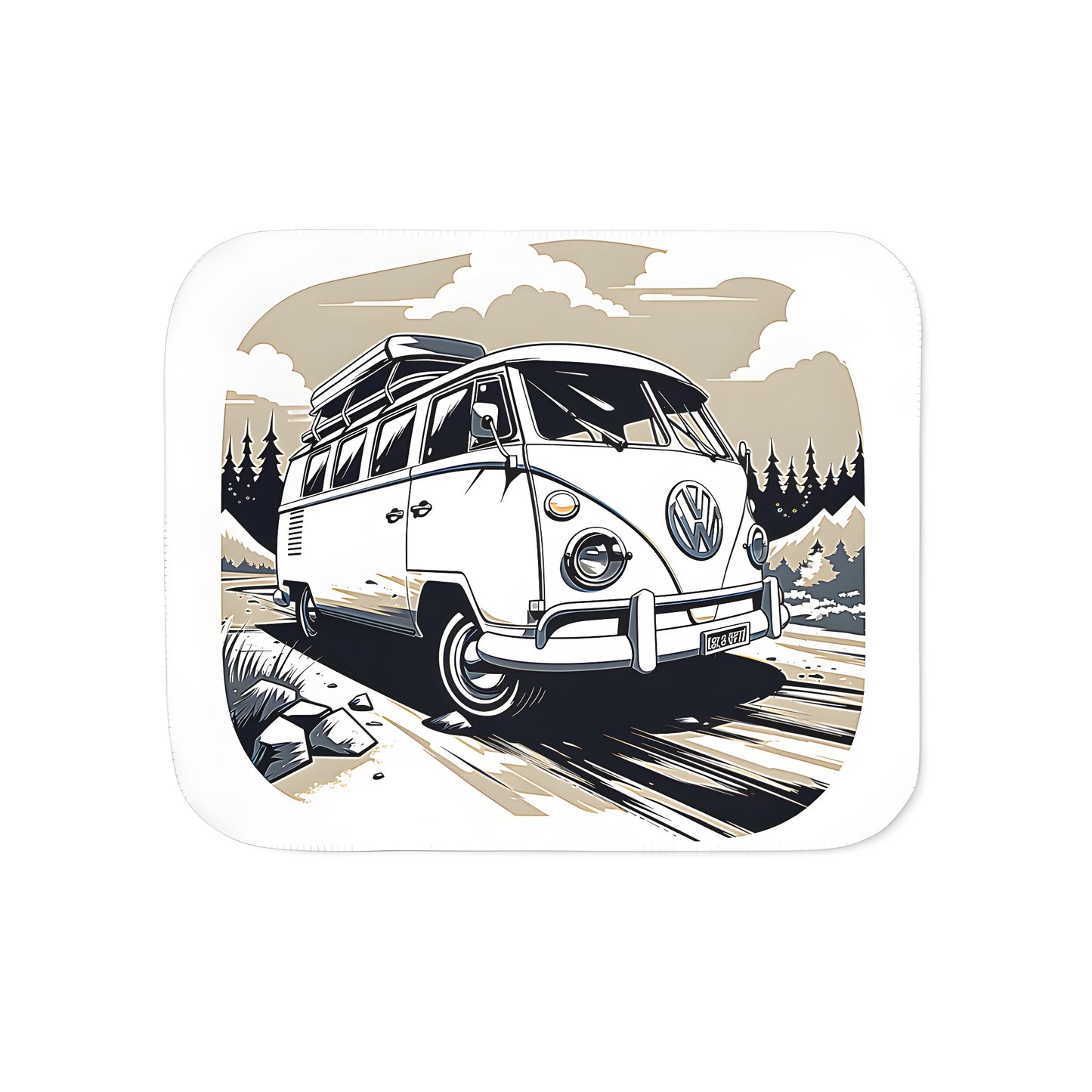 Cozy blanket with a retro travel-themed design featuring a vintage camper van cruising through mountains and trees