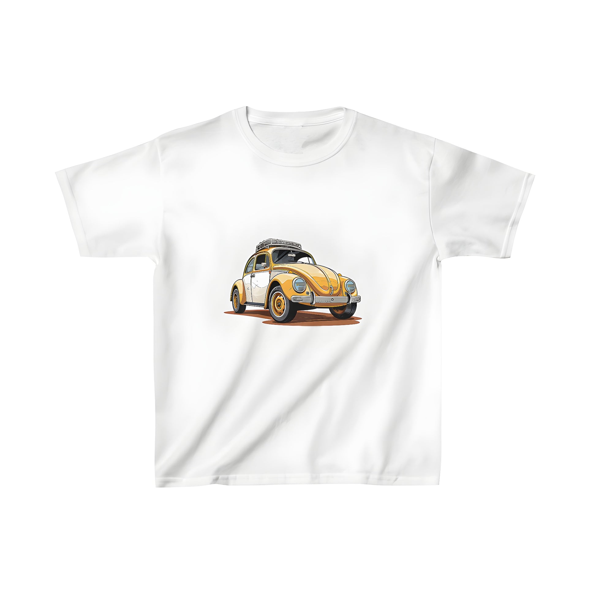 Vintage-inspired kids' tee featuring an illustration of a classic yellow car with a roof rack, perfect for little ones who love cars