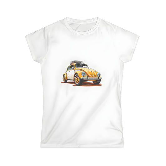 Women's T-shirt featuring a colorful illustration of a classic car with a roof rack, depicted in a playful cartoon style.