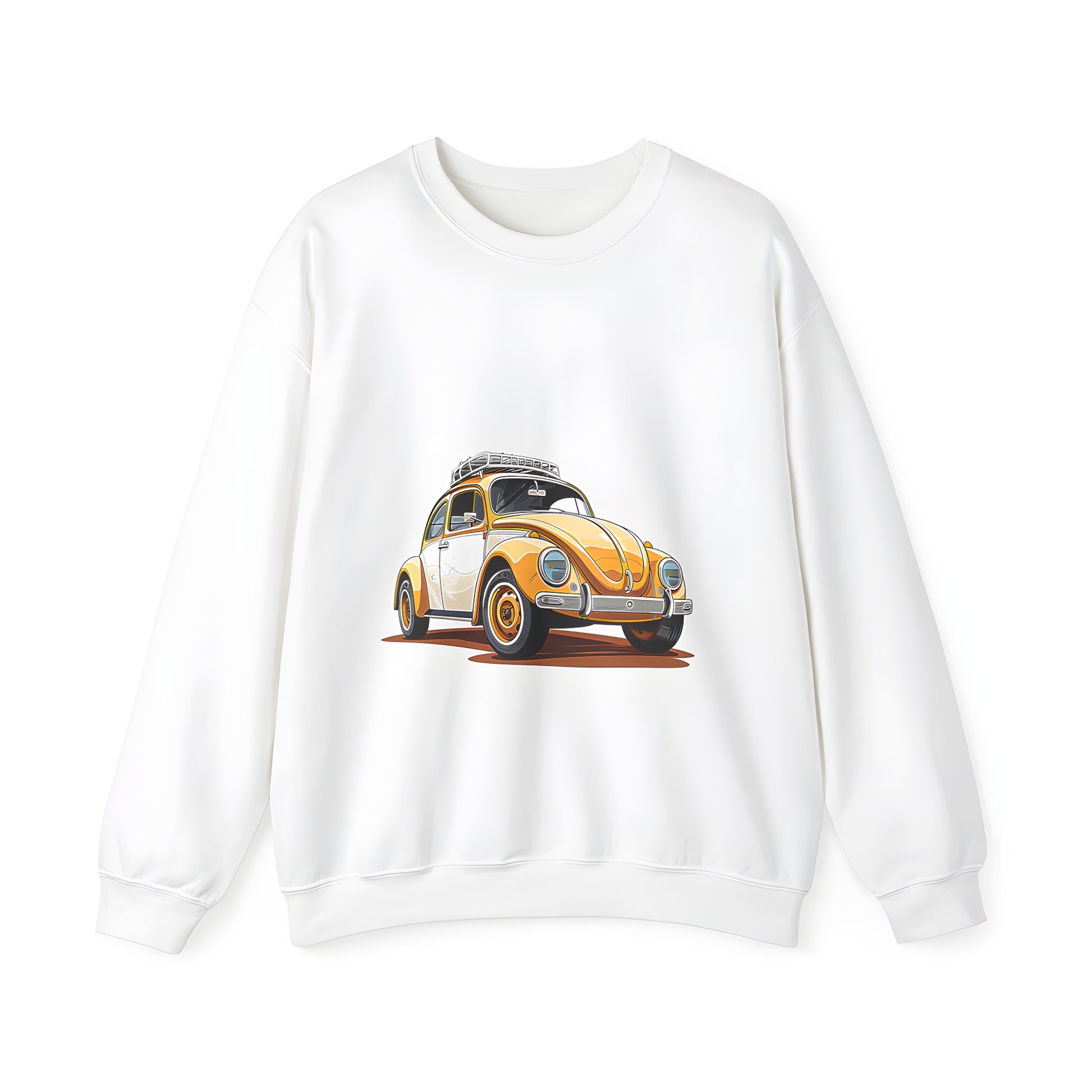 Adult Sweatshirt featuring a vibrant illustration of a classic yellow car with a roof rack, designed in a playful cartoon style