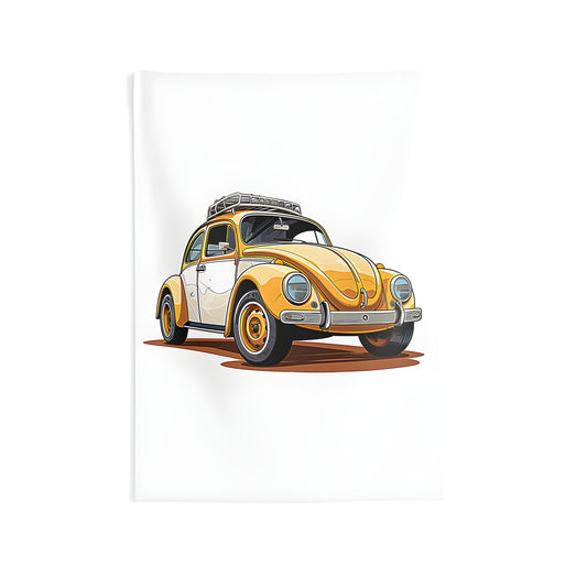 Colorful wall tapestry featuring an illustration of a classic car with roof rack, perfect for indoor decor