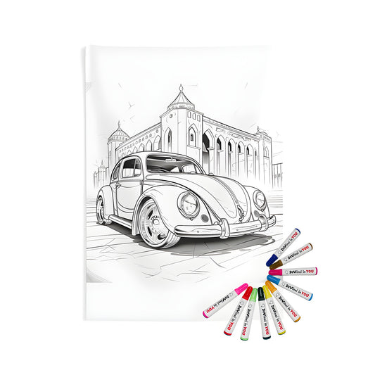 Indoor wall tapestries for adults, detailed line art of old classic car parked near historic cathedral building, large fabric wall hanging with vintage automobile artwork