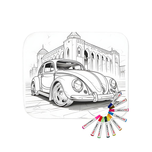 Blanket with detailed line art of a classic car parked in front of a historic church