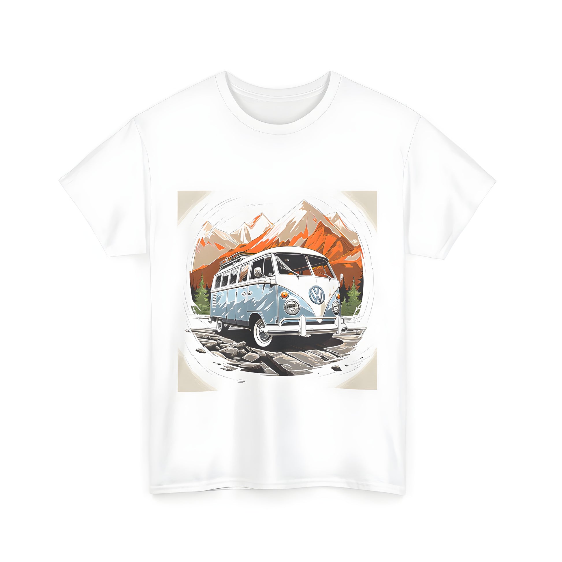 Unisex T-shirt with colorful vintage-inspired Volkswagen van design on rocky terrain