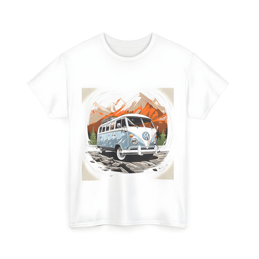 Unisex T-shirt with colorful vintage-inspired Volkswagen van design on rocky terrain