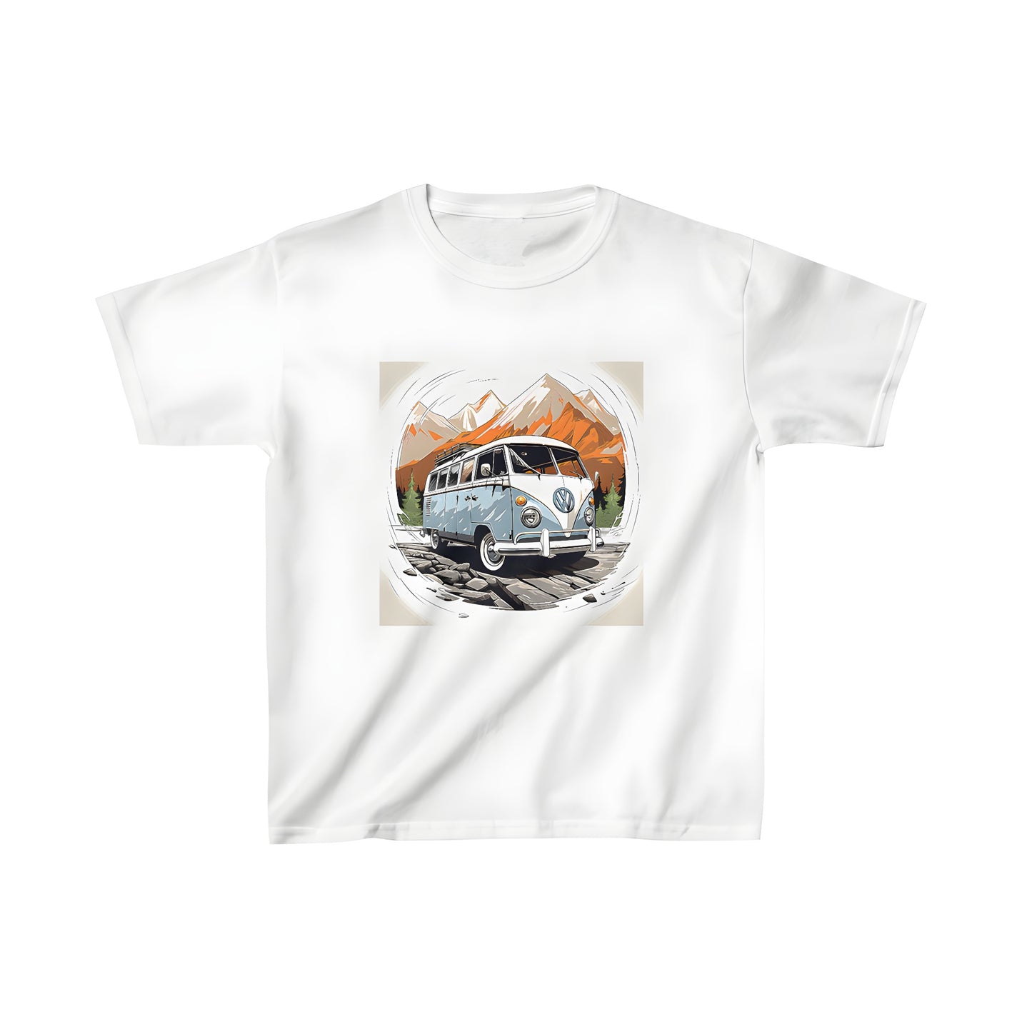 Colorful kid's t-shirt featuring a nostalgic vintage van design on a scenic rocky path with mountains and pine trees