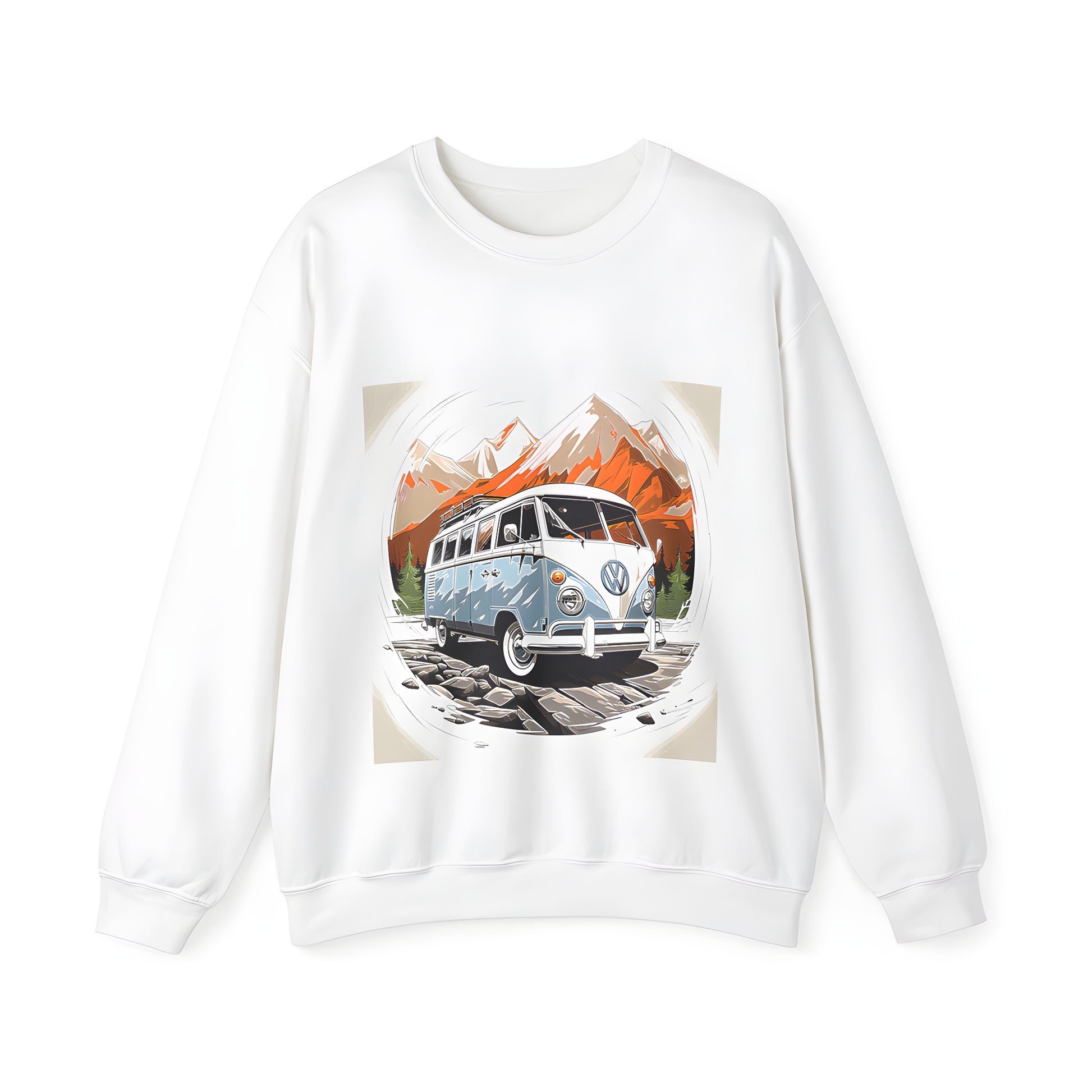 Adult sweatshirt featuring a colorful depiction of a vintage VW van on a rocky path with mountains and pine trees in the background. A fun graphic tee for anyone who loves retro travel