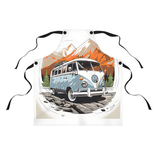 Colorful apron featuring a retro-style vintage camper van on a scenic route