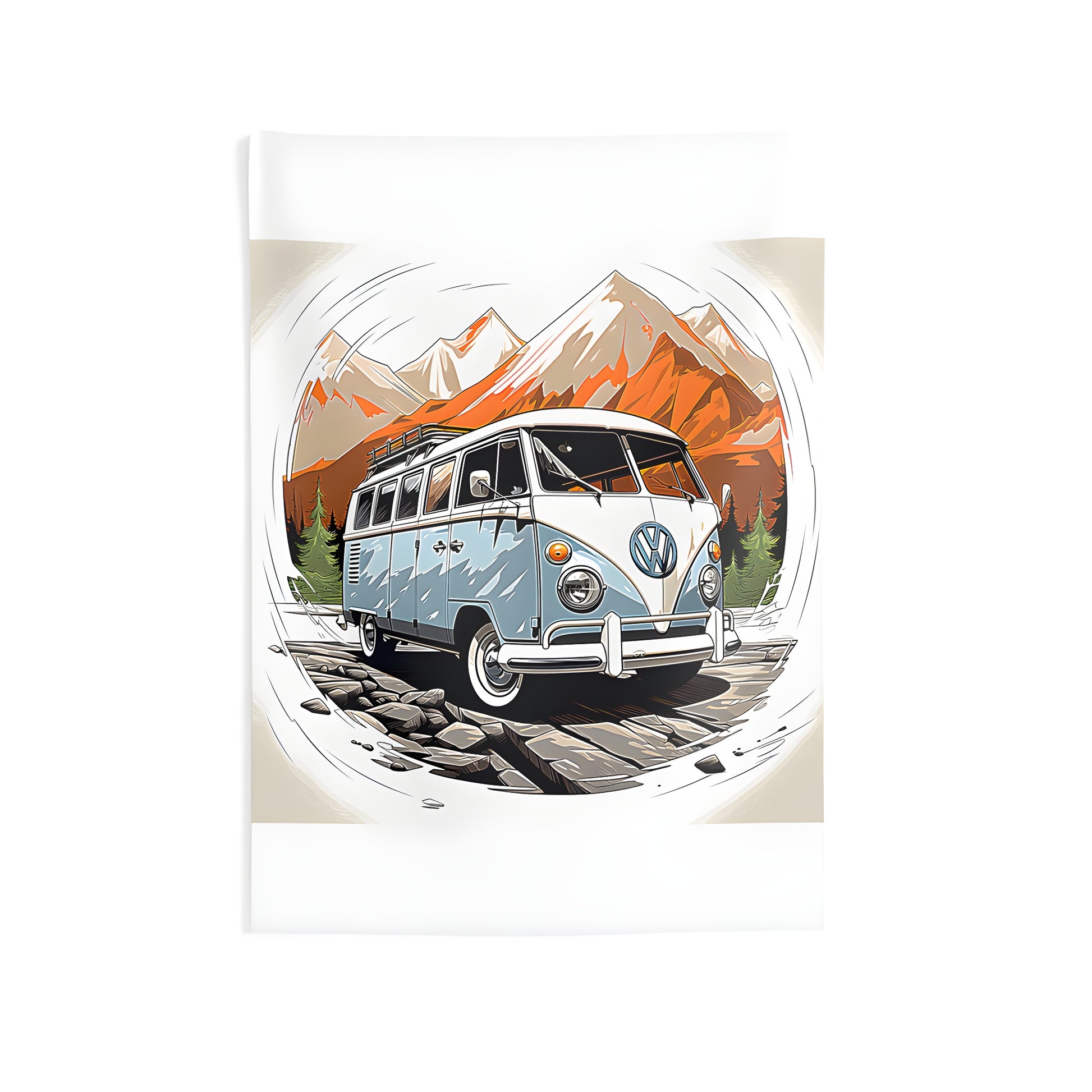 Indoor wall tapestries featuring a colorful vintage van on a rocky path