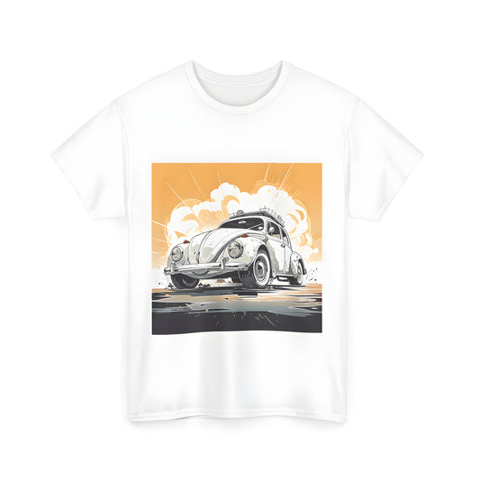 Vintage-inspired unisex t-shirt featuring an artistic illustration of a retro white car in action on a dynamic background