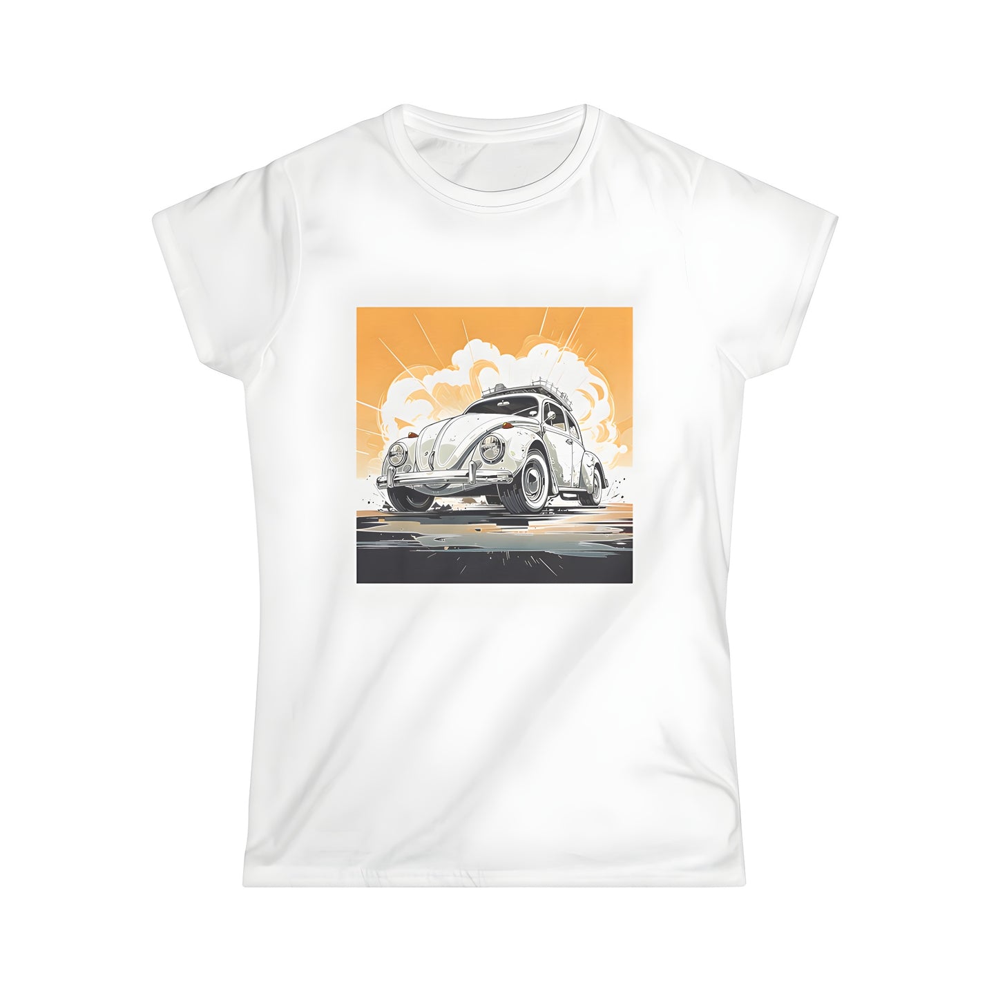 Women's t-shirt featuring an artistic illustration of a vintage-inspired white car in action, set against a dynamic and vibrant background