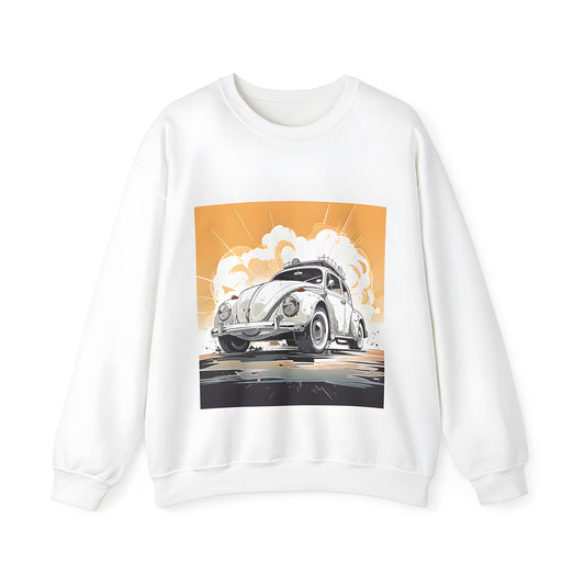 Adult sweatshirt featuring a colorful artistic illustration of a vintage white car in action on a dynamic and vibrant background