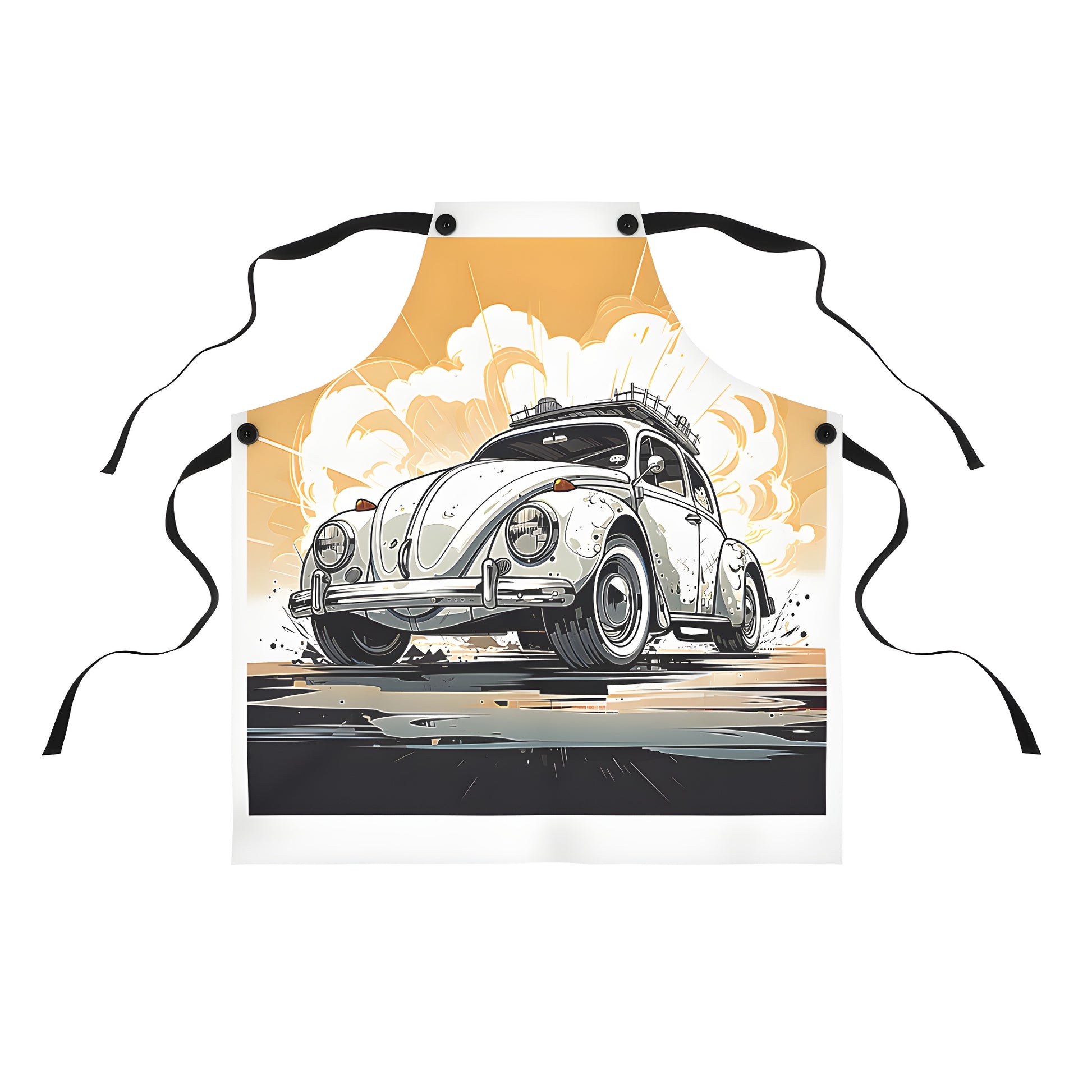 Colorful artistic illustration apron for sale featuring a vibrant vintage style car design