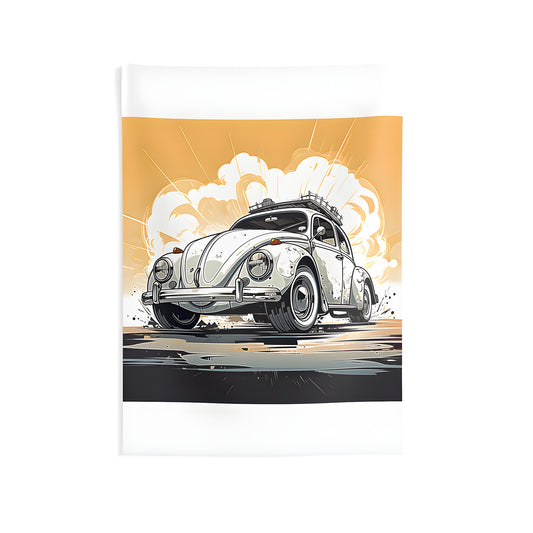 Indoor wall tapestry featuring a vibrant illustration of a vintage-style white car