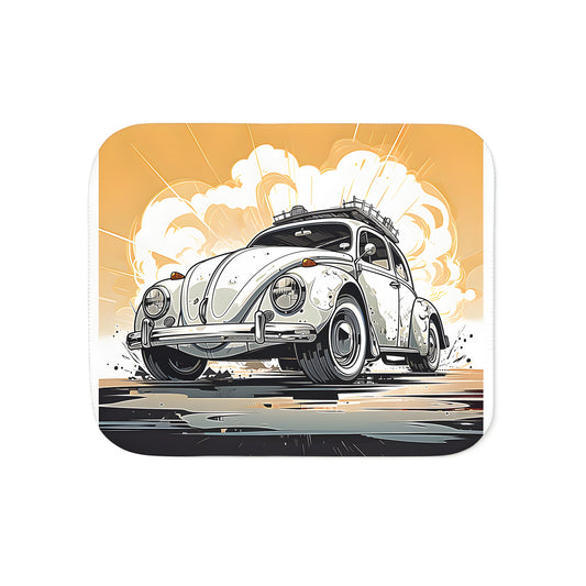 A beautifully crafted blanket featuring an artistic illustration of a vintage-style white car in action, set against a dynamic and vibrant background