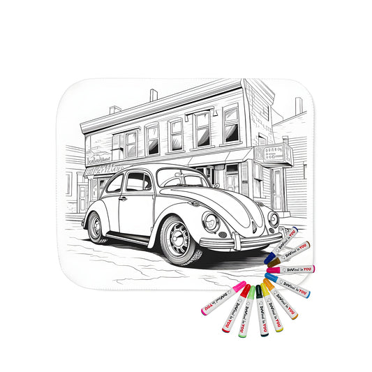 Blanket with Retro Car Illustration, Classic Automobile Design, Vintage Volkswagen Beetle Print