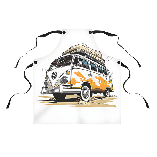 Colorful retro camper van apron with camouflage design and luggage on roof for outdoor enthusiasts