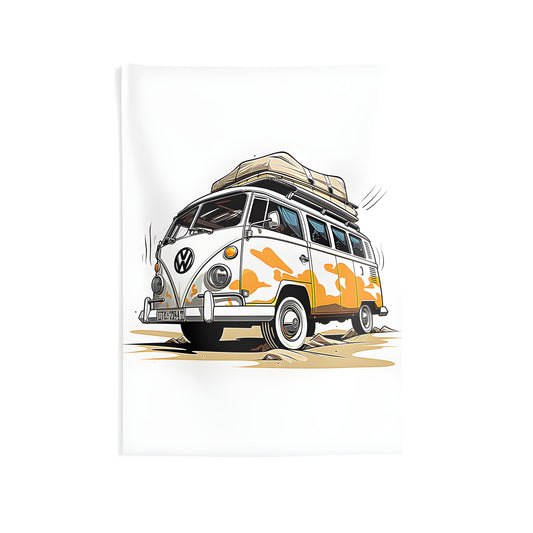 Colorful retro camper van wall hanging with camouflage design