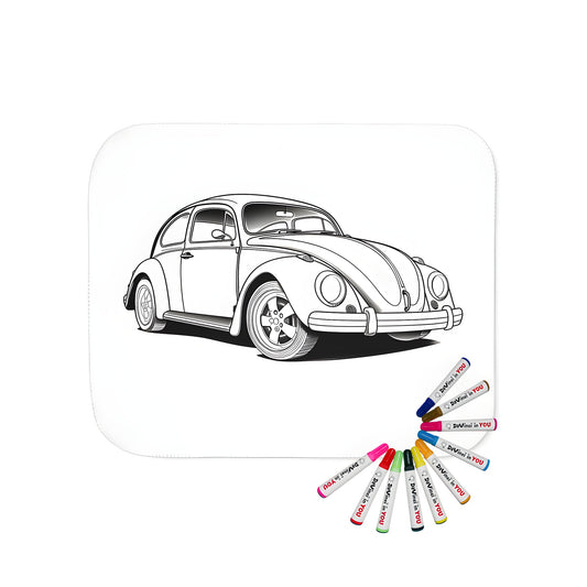 Coloring kit blanket featuring a detailed outline of a retro classic car, Beetle style, on soft plush fabric. Includes 10 vibrant fabric markers for creative expression.