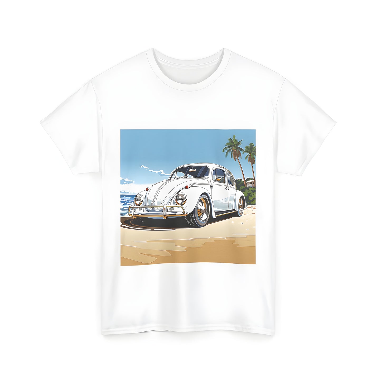 Vibrant White car illustration on a Unisex T-shirt, parked on a sandy beach with palm trees and an ocean view under a clear blue sky.