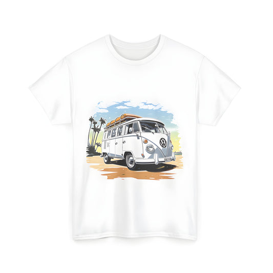 Colorful vintage inspired van shirt with surfboards