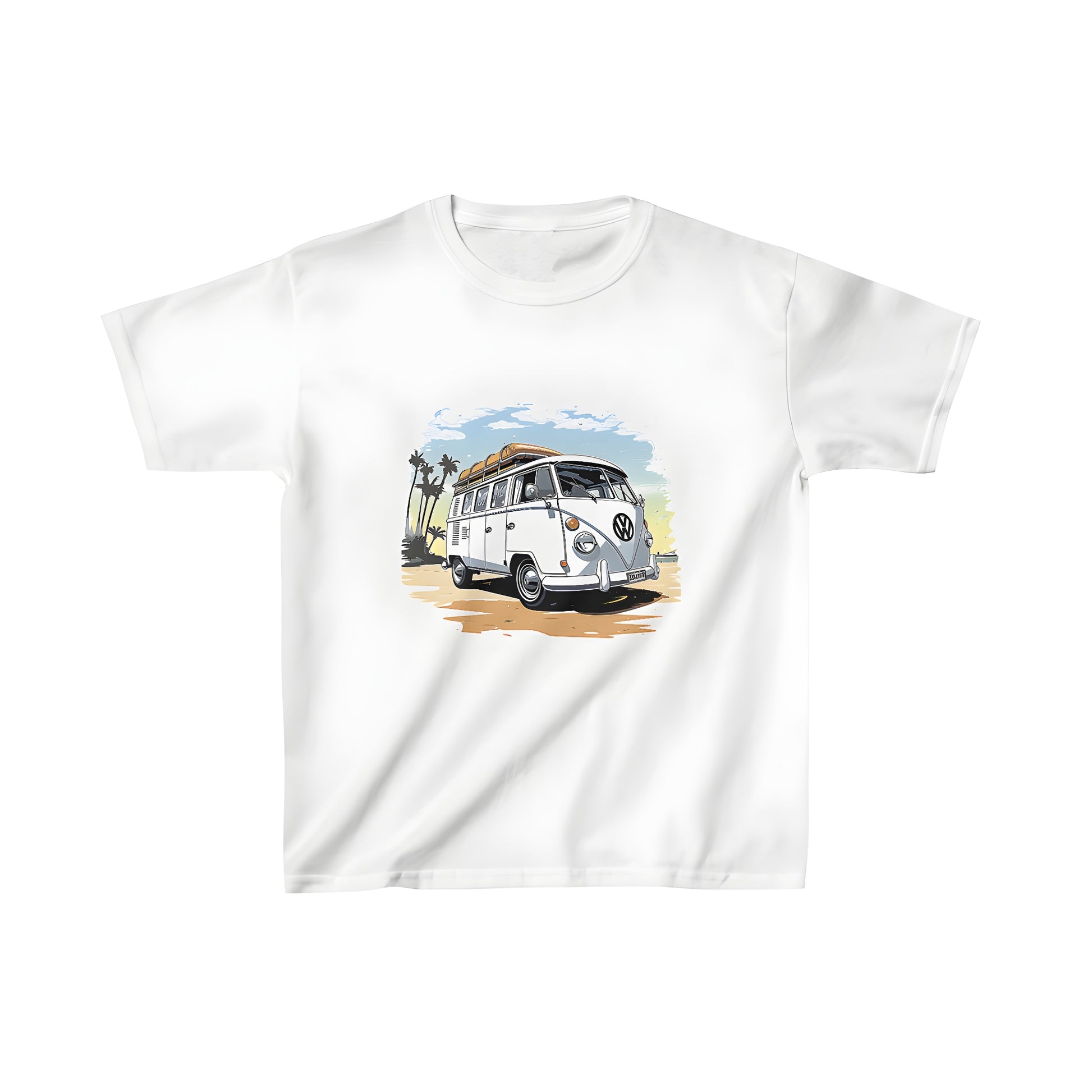 Colorful graphic t-shirt of a classic VW camper van with surfboards on the roof, set against a sunny beach scene