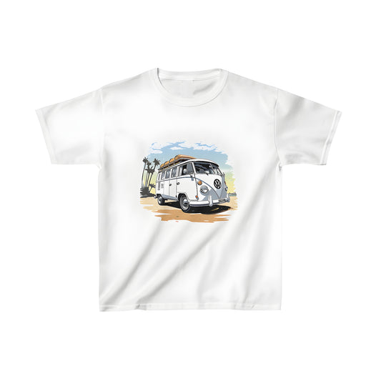 Colorful graphic t-shirt of a classic VW camper van with surfboards on the roof, set against a sunny beach scene