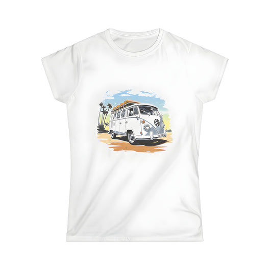 Women's colorful tee featuring a retro-style Volkswagen van with surfboards on the roof, parked on a sunny beach with palm trees